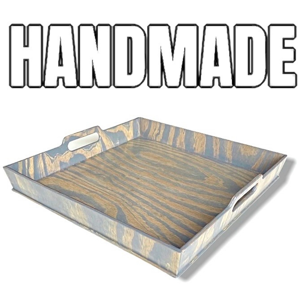 HANDMADE Tray Rustic Natural Pinewood Handles  Square Gray Made in USA